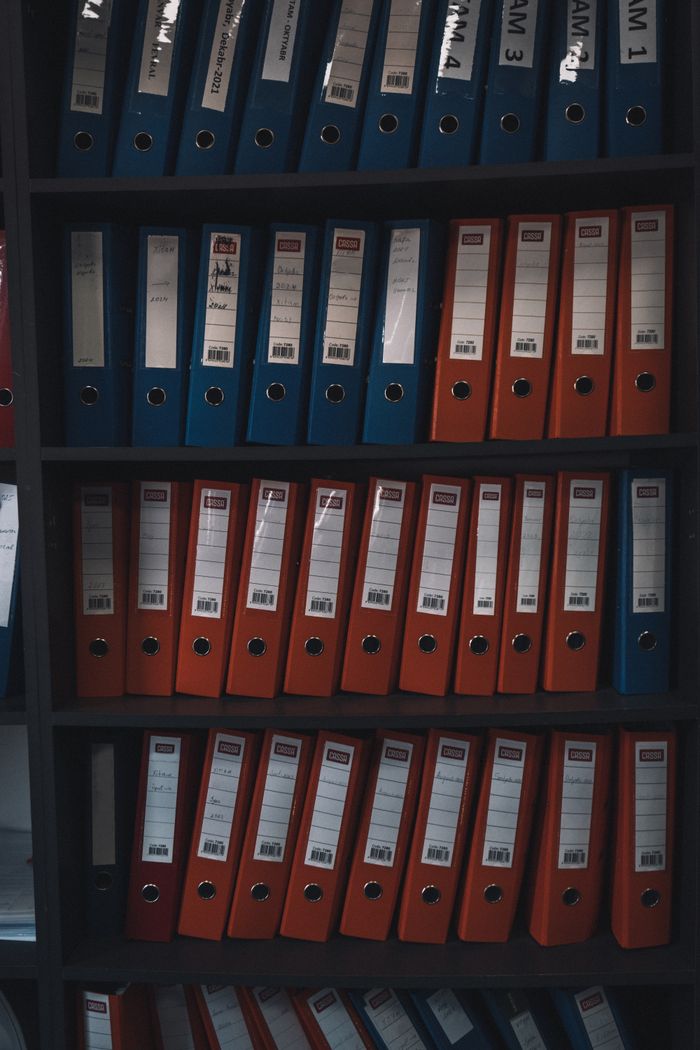 Rows of organized red and blue office files in a dimly lit shelf, showcasing document storage.